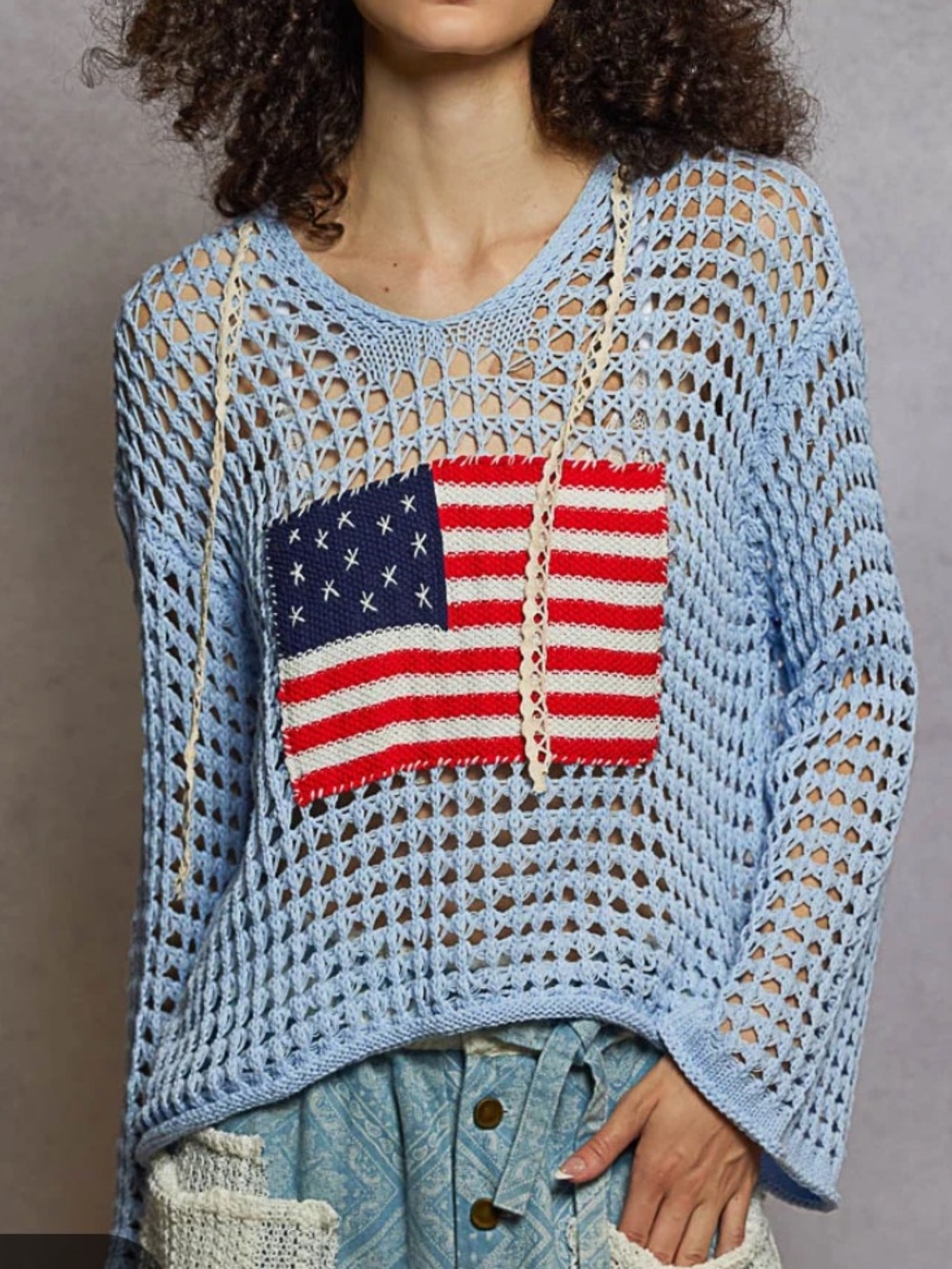 POL Living in America Light Blue Crotchet Hoodie American Flag Patch Size Small